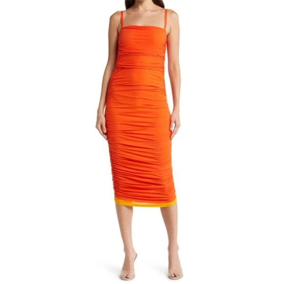 Simon Miller Mesh Jota Orange Yellow Strapless Ruched Midi Dress Size Small - Picture 3 of 15